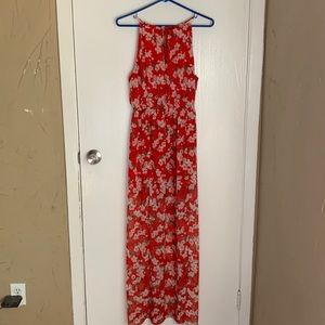 Red floral maxi dress with slits. Size medium